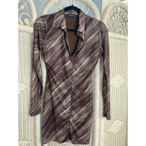 Motel Rocks Brown Mesh Abstract Print Dress Size S Sheer Sleeve Bodycon Rocker‎
